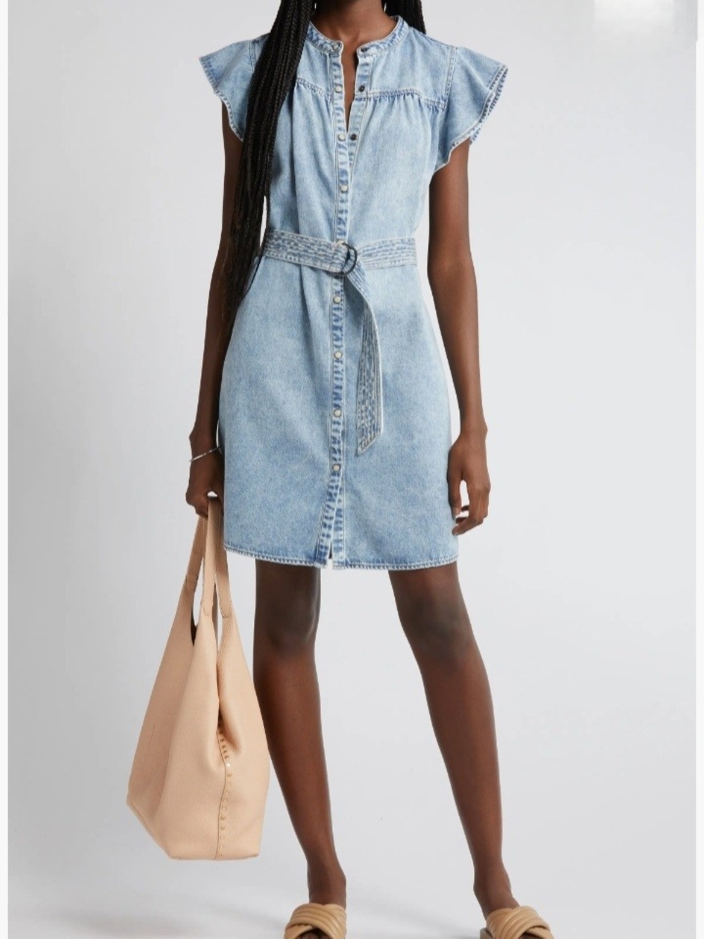 Rails Light Blue Denim Midi Dress with Ruffle Cap Sleeves